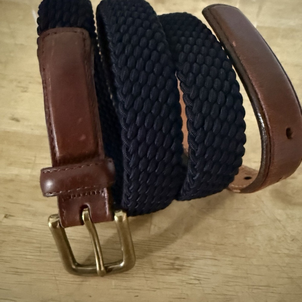 Orvis Braided Stretch Belt Mens 40 Navy Elastic Woven Brown Leather Casual Brass